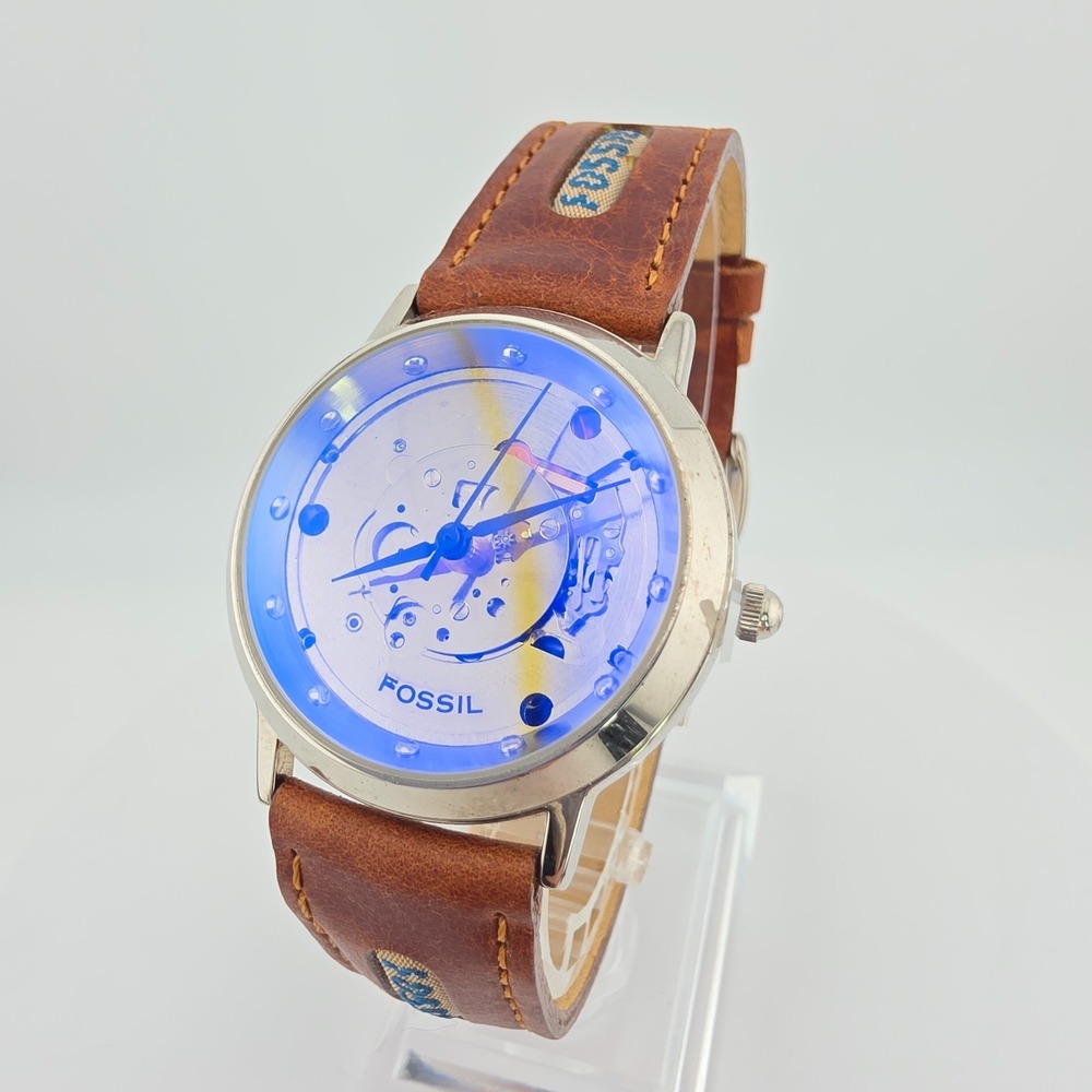 Vtg 1990s FOSSIL Skeleton Watch Mens Blue Holograph JR-7503 Brown Leather 7.75"
